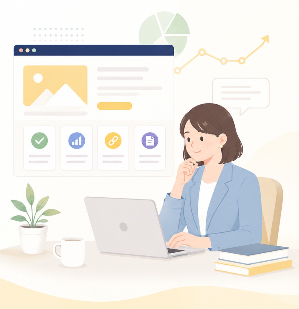 PCでWeb集客・SEOに取り組むイメージイラスト