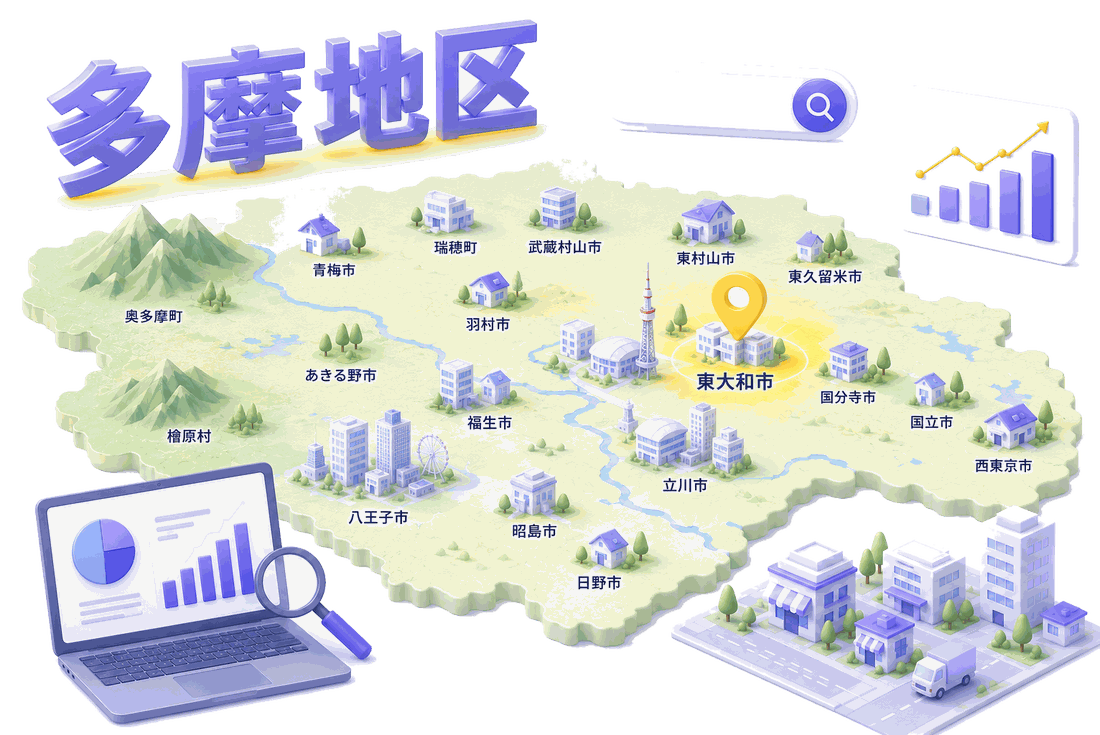多摩地区(東大和・立川・八王子・西東京ほか)のSEO・Web集客を表す地図イメージ